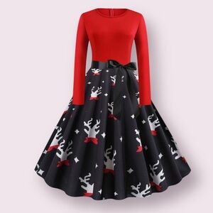 Vintage Long Sleeves Christmas Pattern Rockabilly Dress in Red and Black